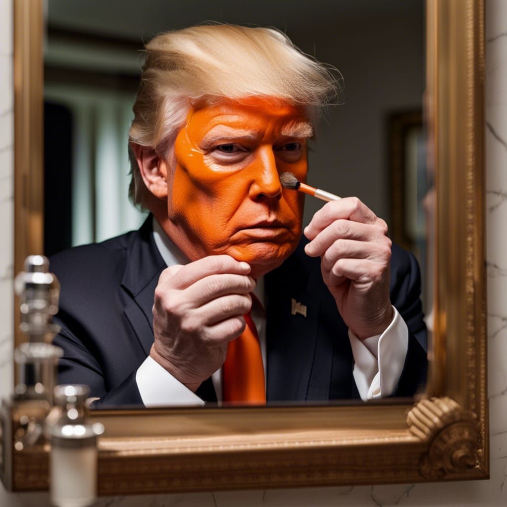 Donald Trump applying his makeup in the mirror.