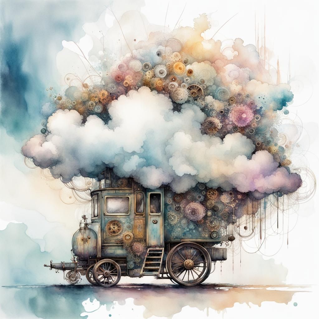 Cloud with Wheels in Digital Watercolor Style