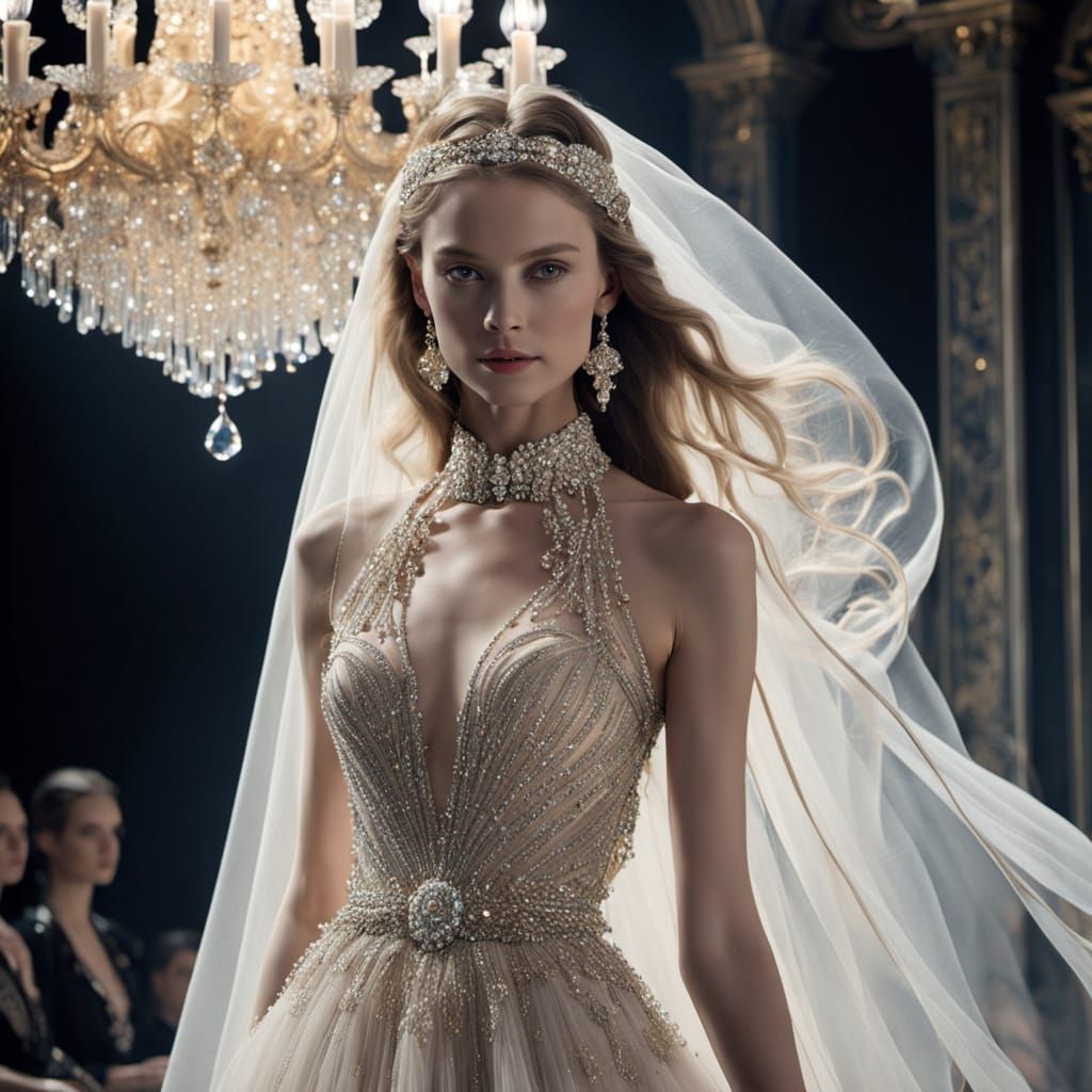 Regal Woman in Haute Couture with Crystal Chandelier