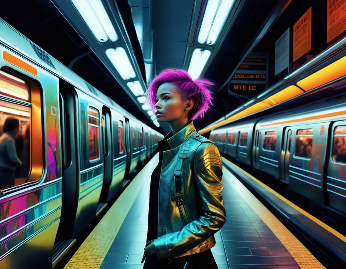 Cybernetic Businesswoman in Futuristic Subway