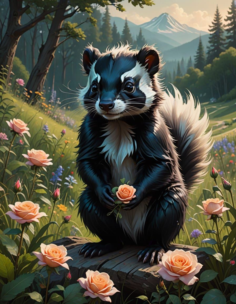 Serene Skunk in Whimsical Garden, Oil Painting Masterpiece