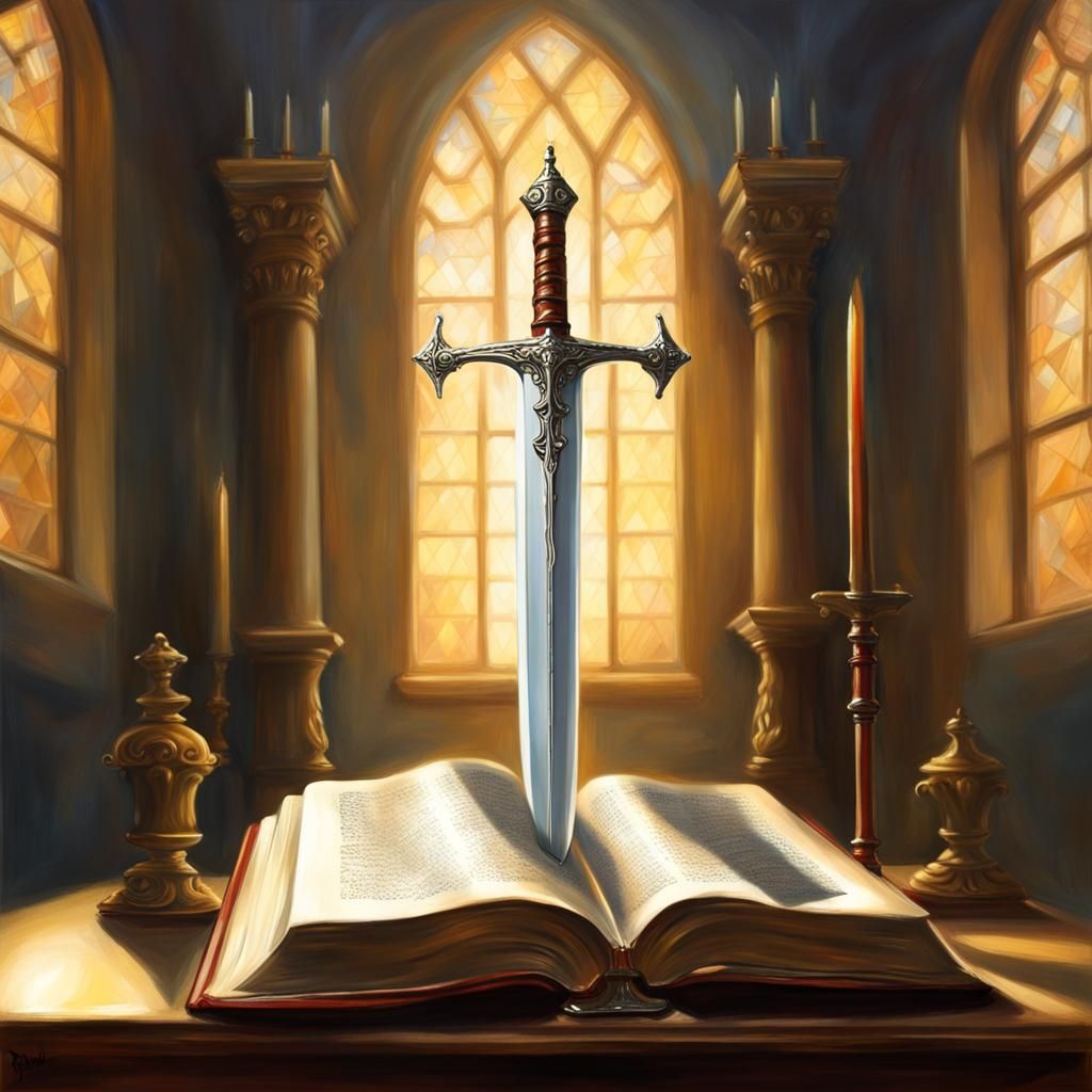 Excalibur Sword Points to Bible in Sunlight