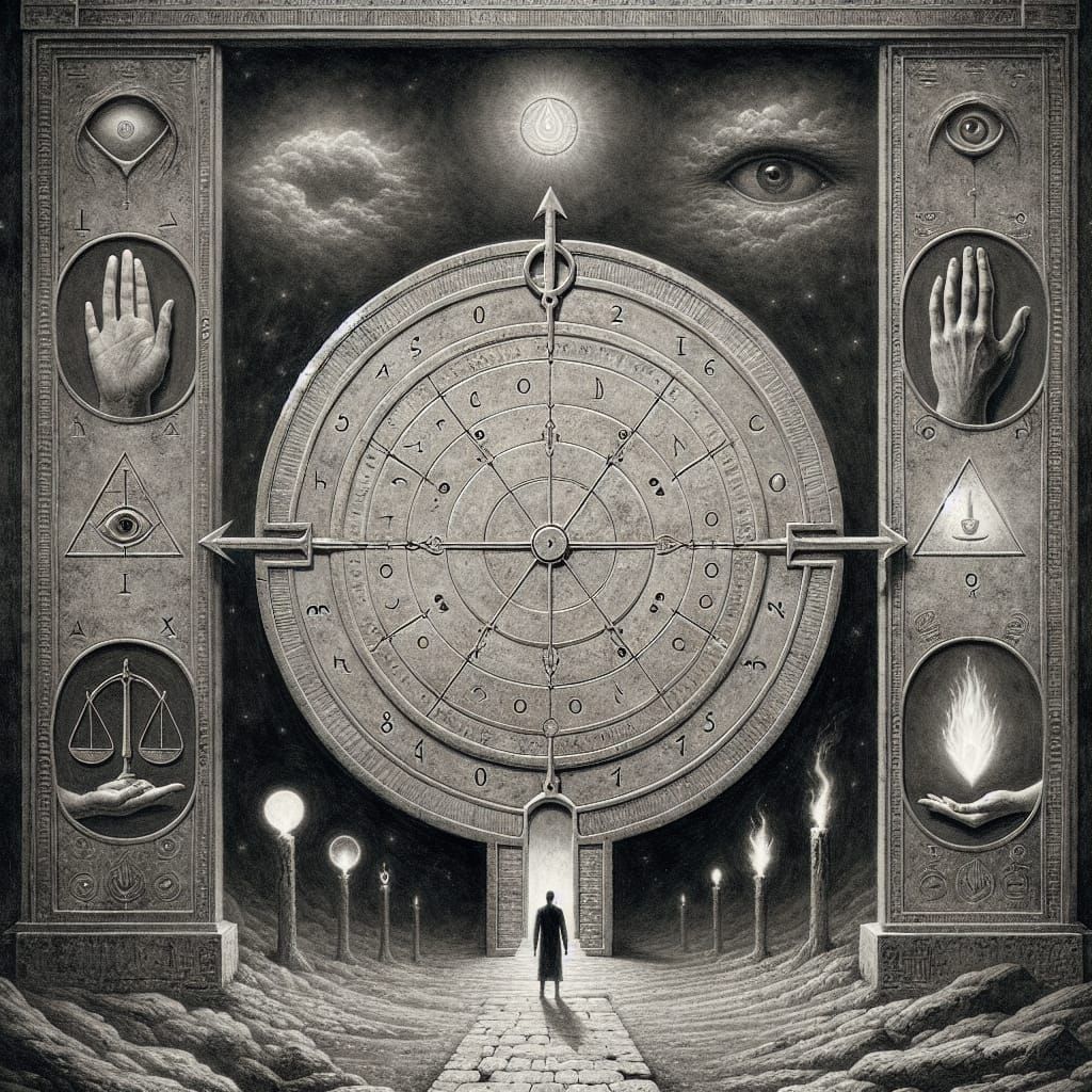 Ornate Stone Temple Door with Symbolic Engravings