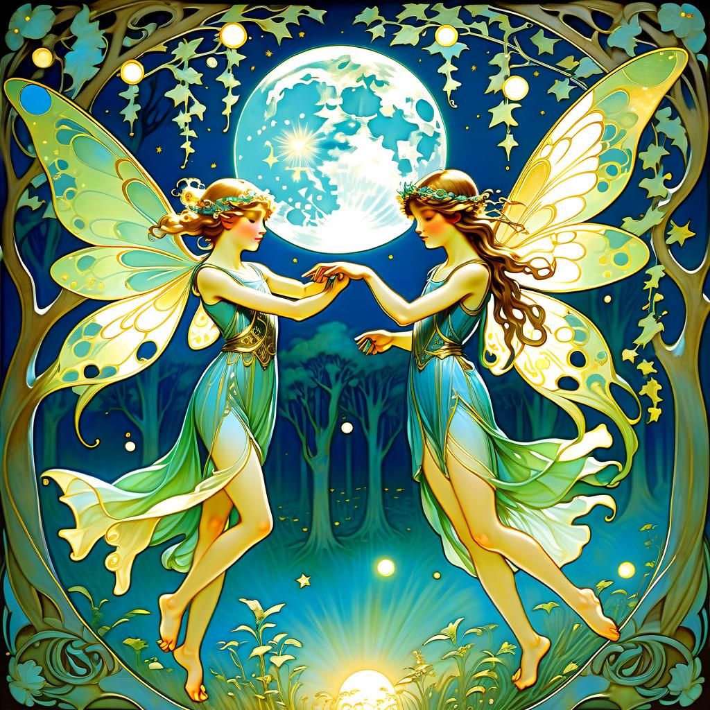 Fairies Dancing in Moonlit Glade, Art Nouveau Style