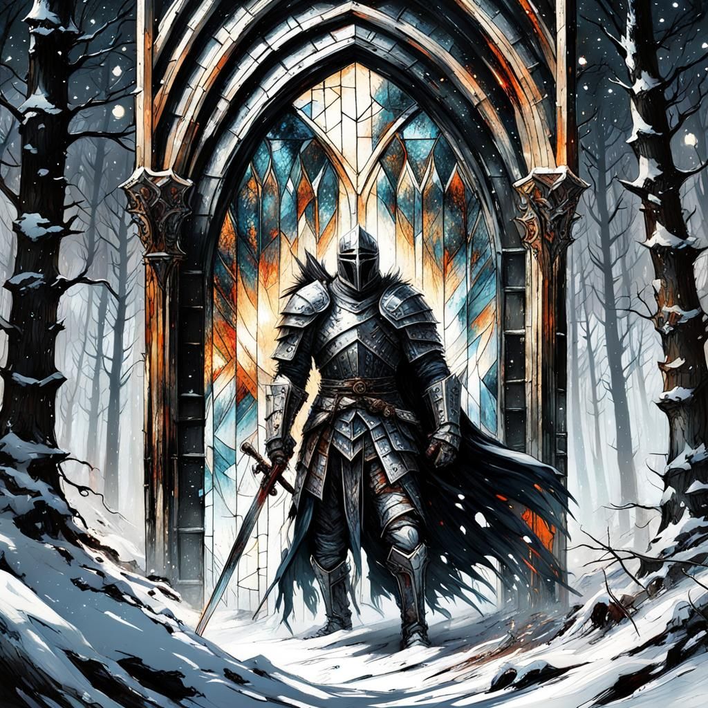 Gothic Knight Battles in Starry Winter Forest
