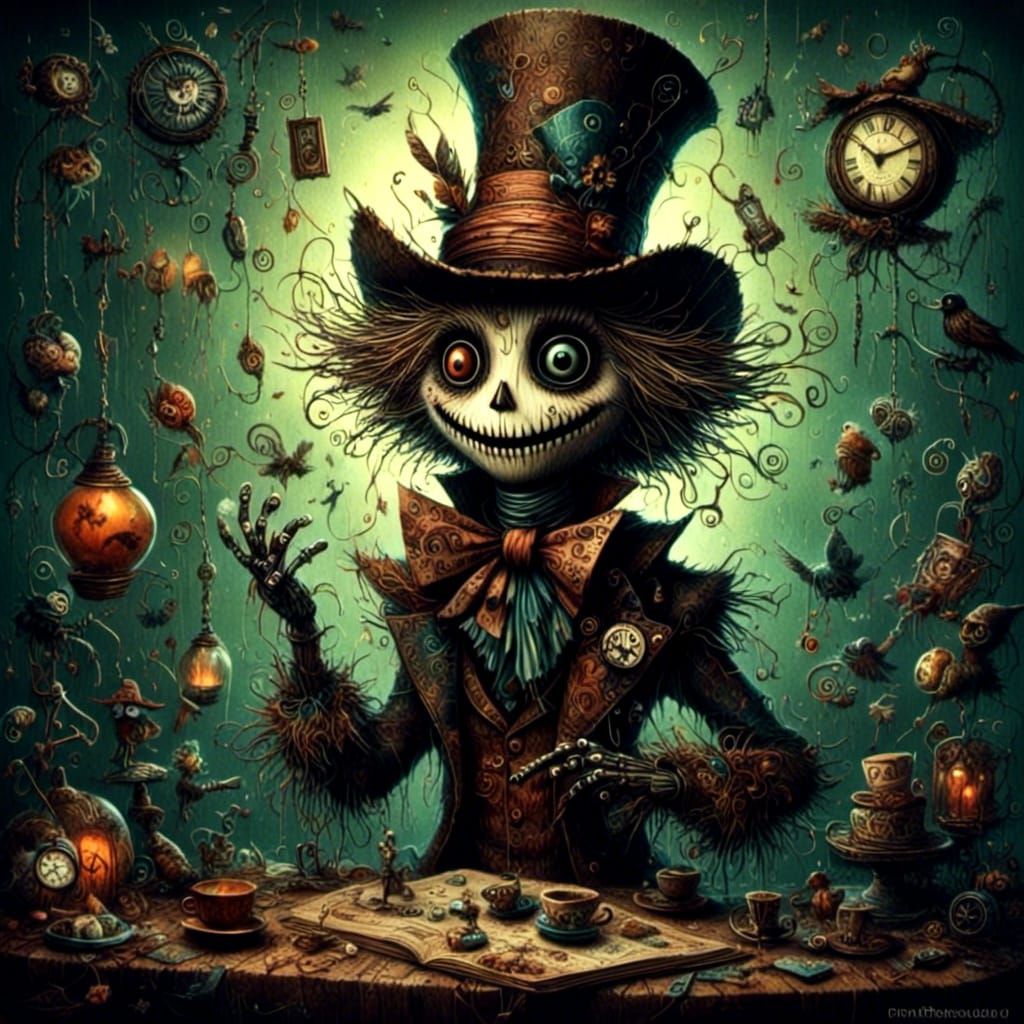 Steampunk Scarecrow Mad Hatter in Dark Whimsy Style