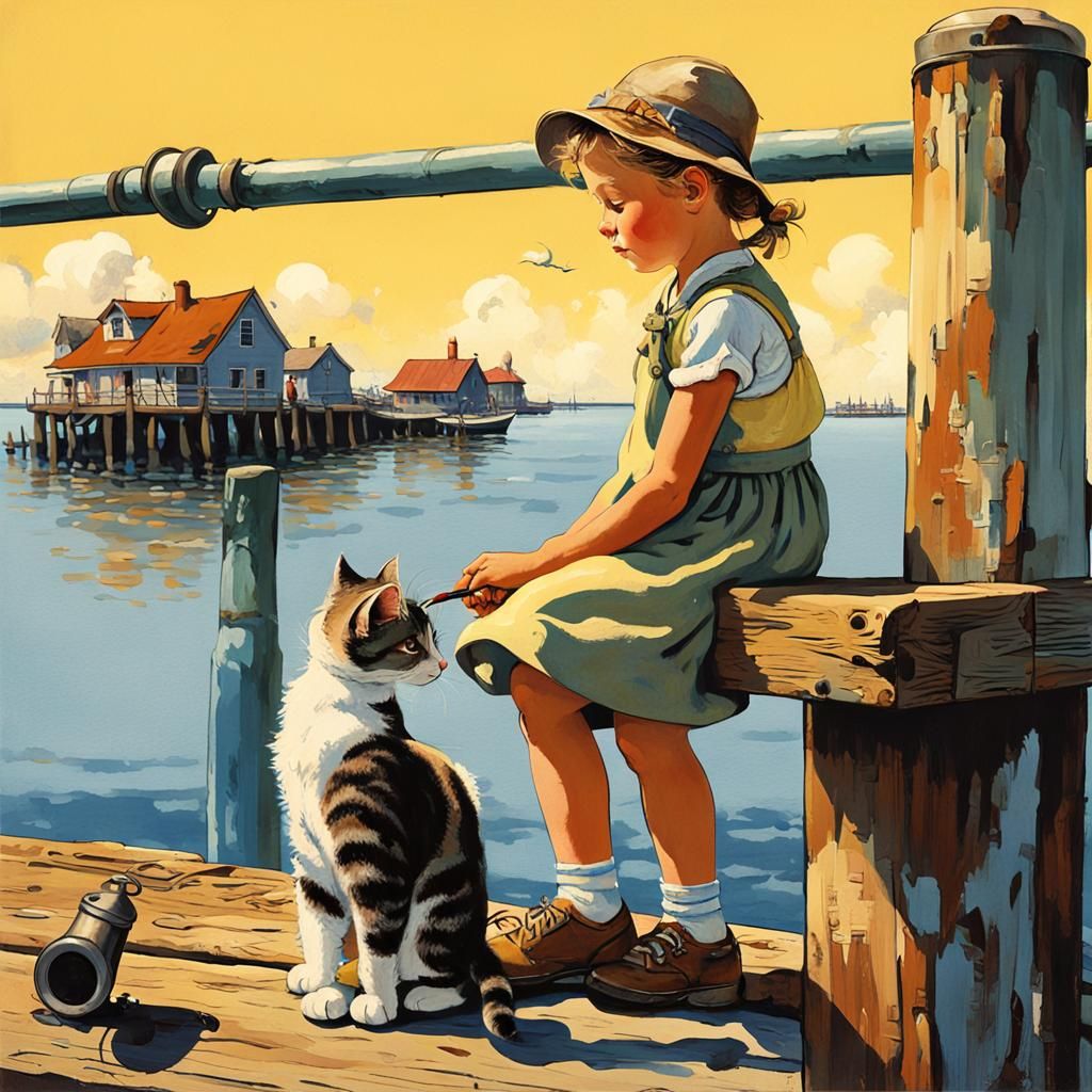Girl and Fisherman on Pier in Rockwell Style