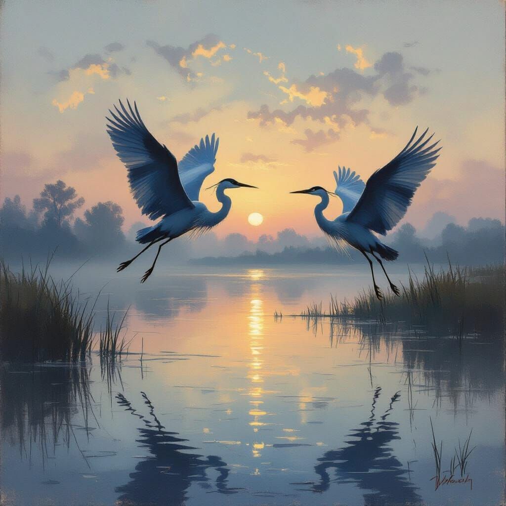 Ethereal Herons Take Flight in Impressionist Twilight