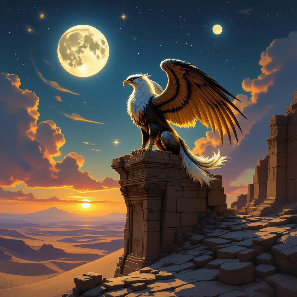Majestic Griffin on Ancient Ruins Under Twin Moons