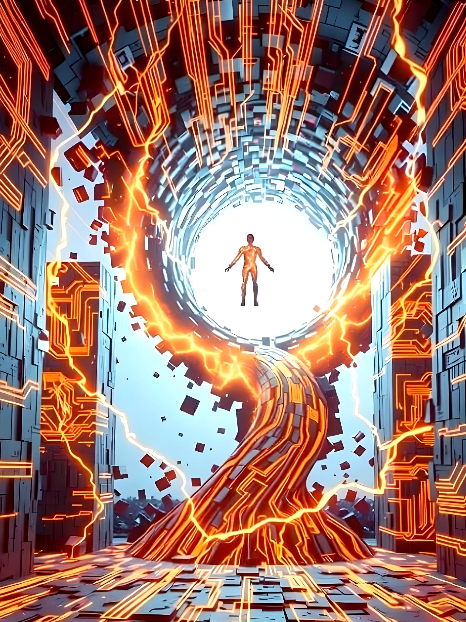 Humanoid Figure in Cyberspace Cube Storm