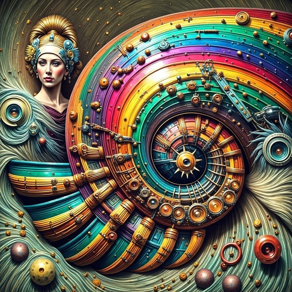 Rainbow Nautilus Shell in Biomechanical Giger Style