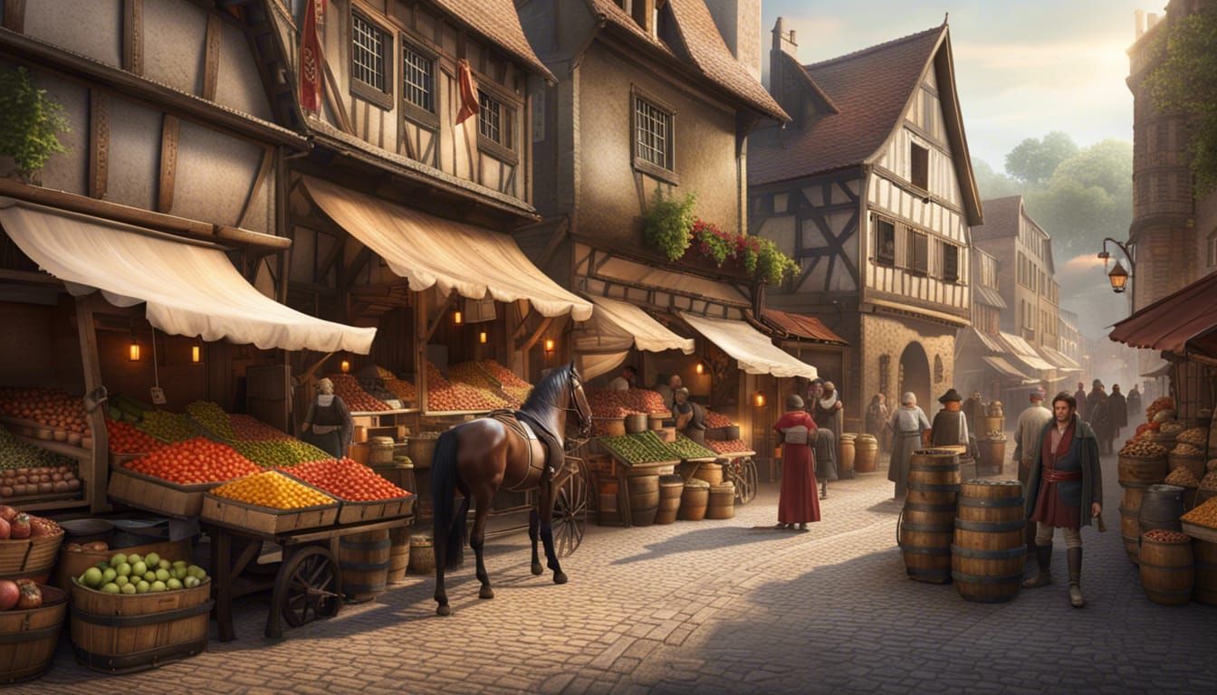 Bustling Medieval Market in Fine Detail