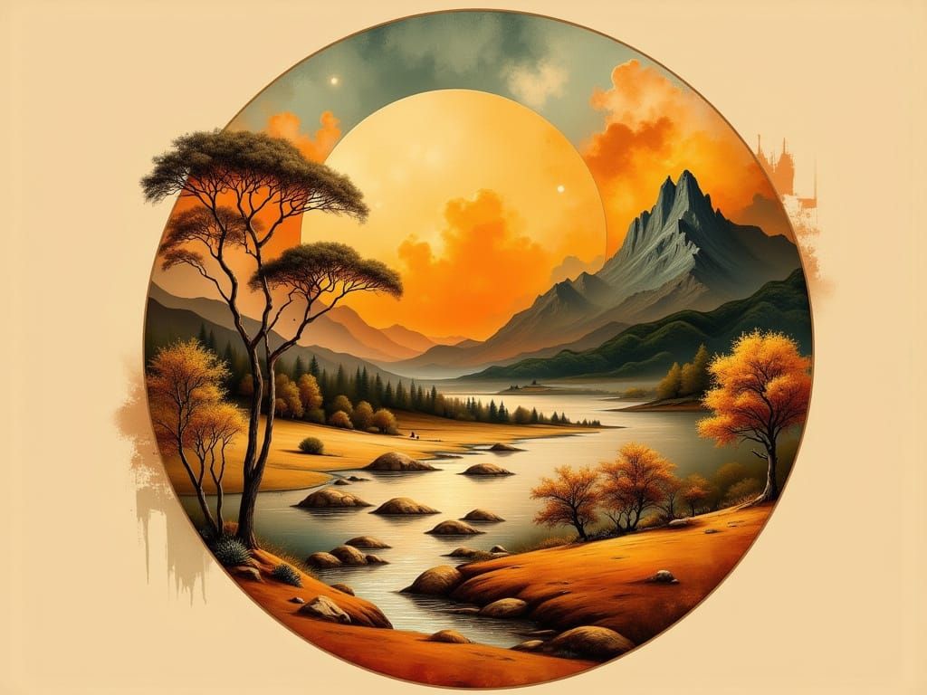 Abstract Circular Landscape Collage in Vintage Style