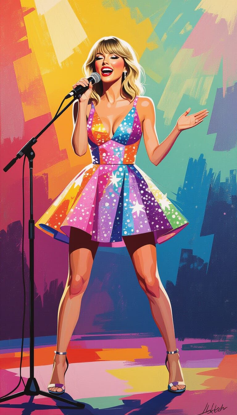 A caricature of Taylor Swift on stage singing