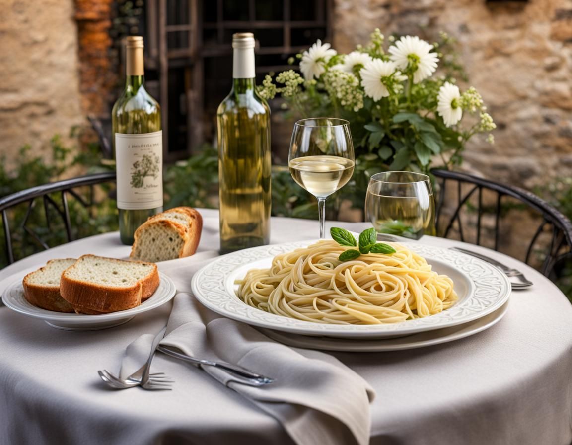 Pasta Alfredo Meal with Wine and Flowers