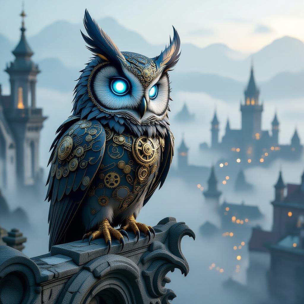 Clockwork Owl Over Steampunk City
