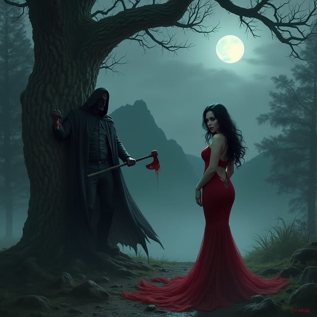 Woman in Red Dress: Forest Horror Scene