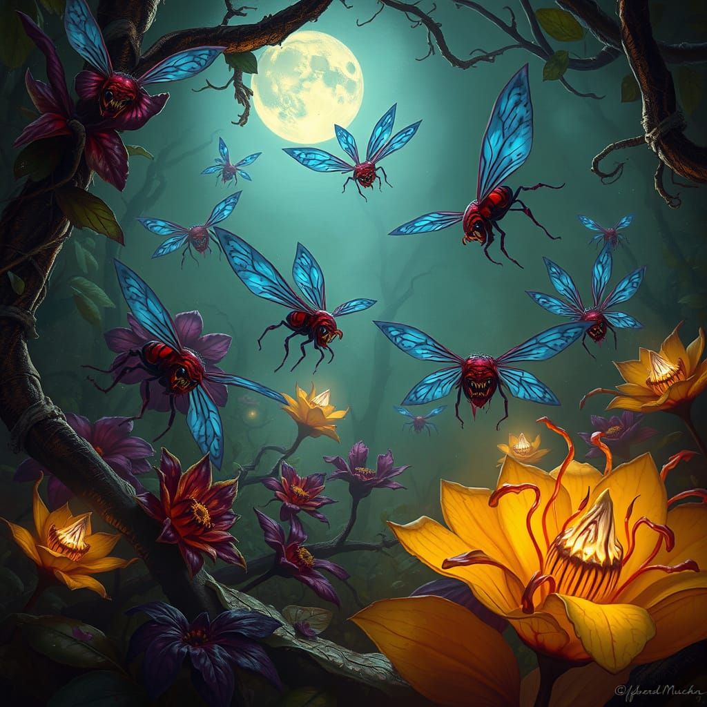 Mystical Garden of Bioluminescent Insects and Menacing Flora