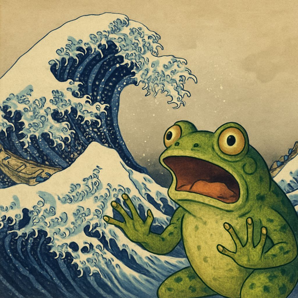 Frog and Tsunami in Woodblock Style