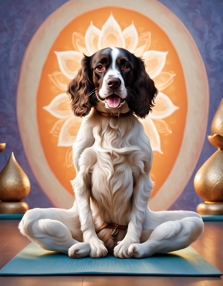 Whimsical Springer Spaniel in Yoga Lotus Pose