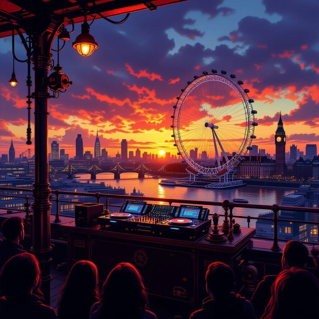 Steampunk DJ Set Overlooking Sunset Cityscape