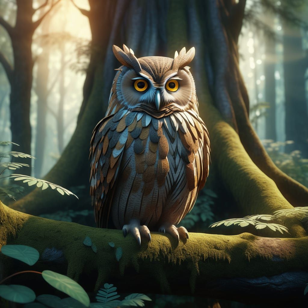Wise Owl in Magical Forest: Fantasy Realism