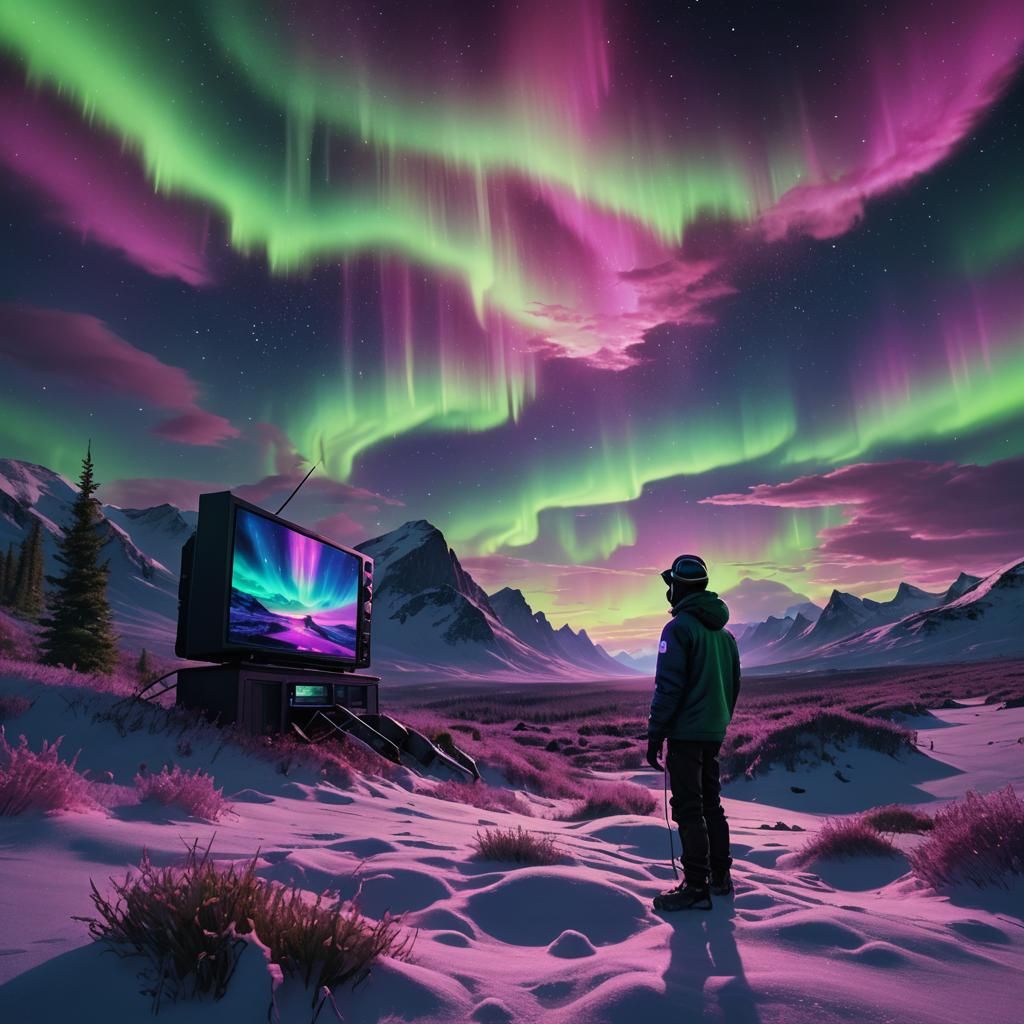 TV Head Person Under Northern Lights, Surreal Digital Art
