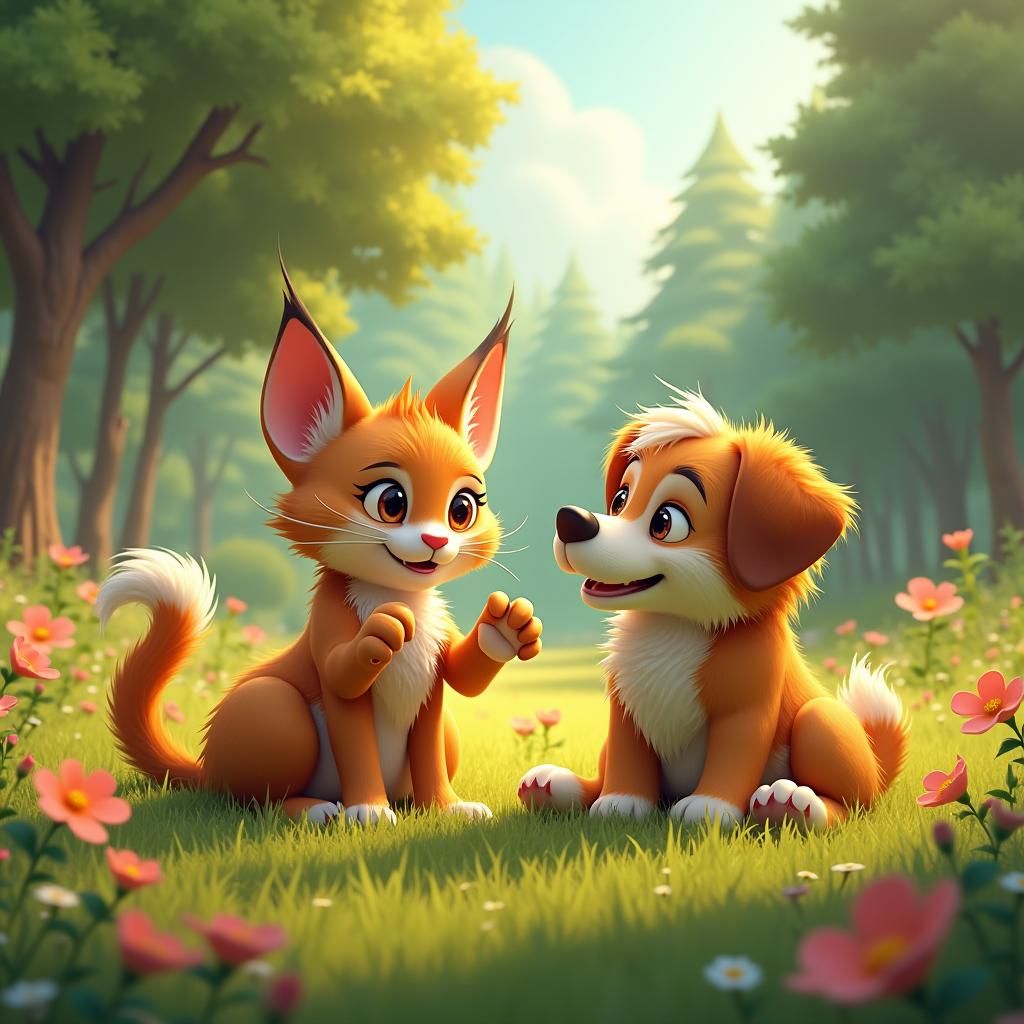 Whimsical Feline and Canine Duo in Lush Meadow