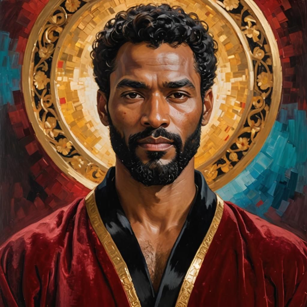 Elegant Black Saint in Velvet Robe with Golden Halo