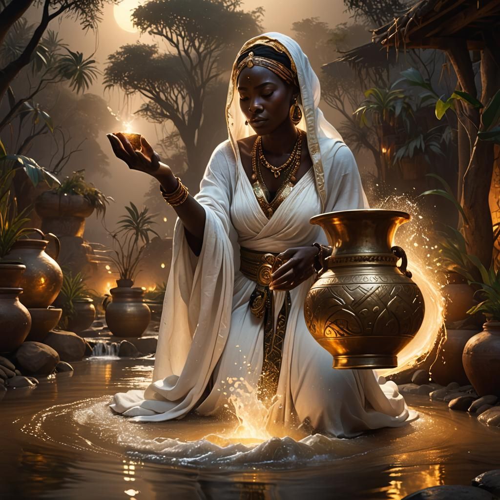 African Lady Fetching Water, Fantasy Matte Painting