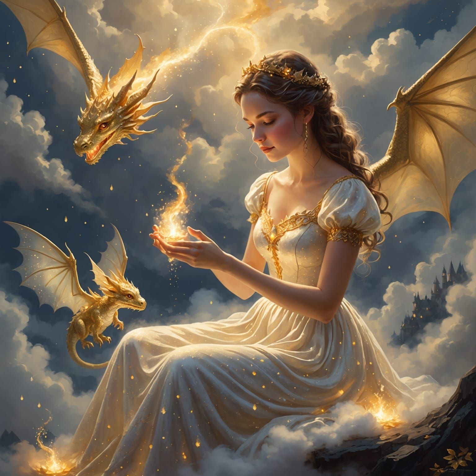 Ethereal Girl with Golden Baby Dragon