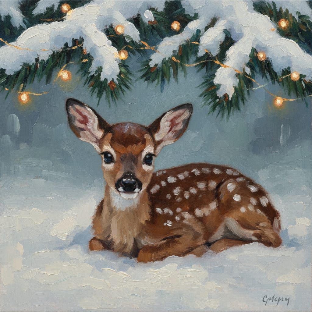 Impressionistic Fawn in Snowy Woods with Warm Lights