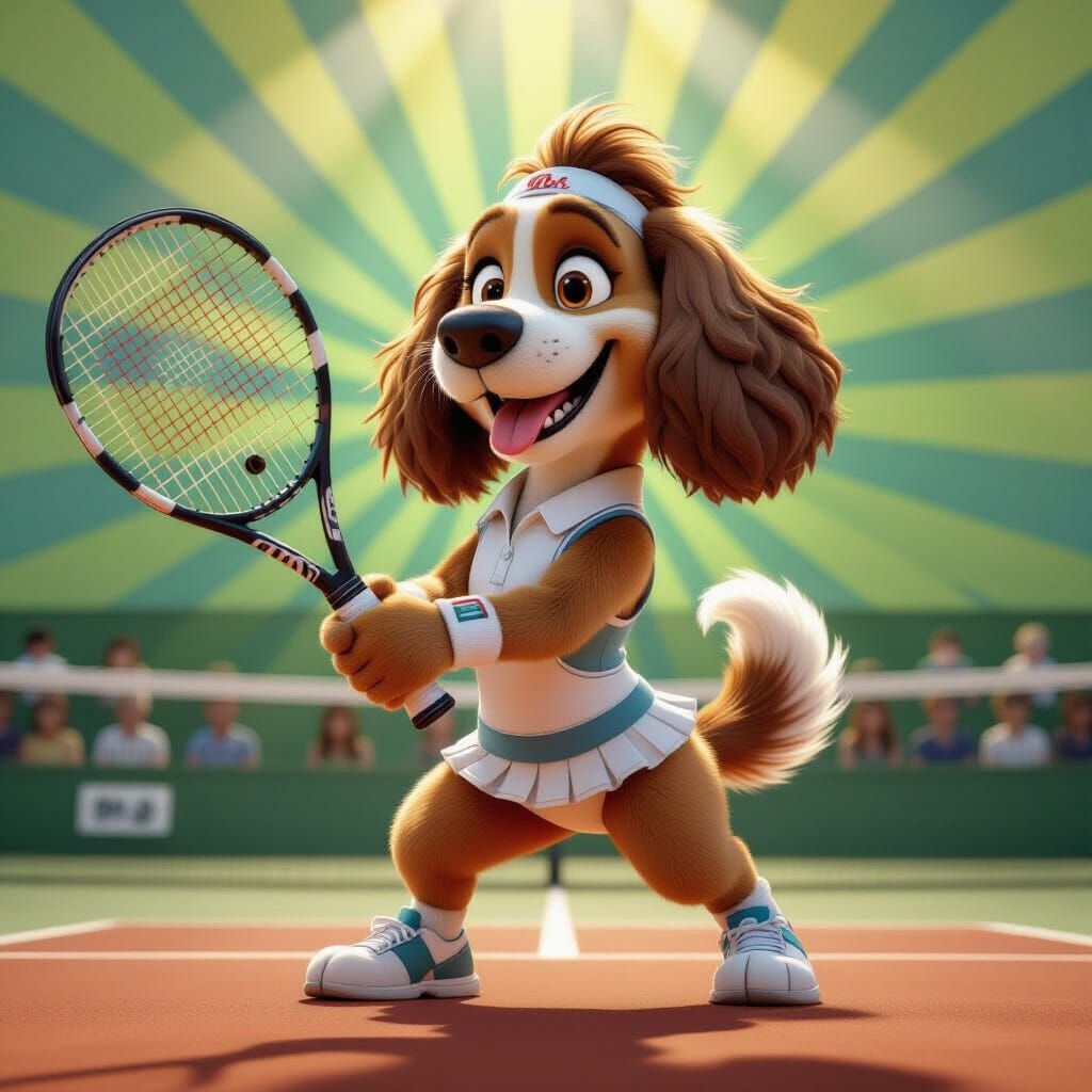 An anthropomorphic spaniel playing tennis at Wimbledon carry...