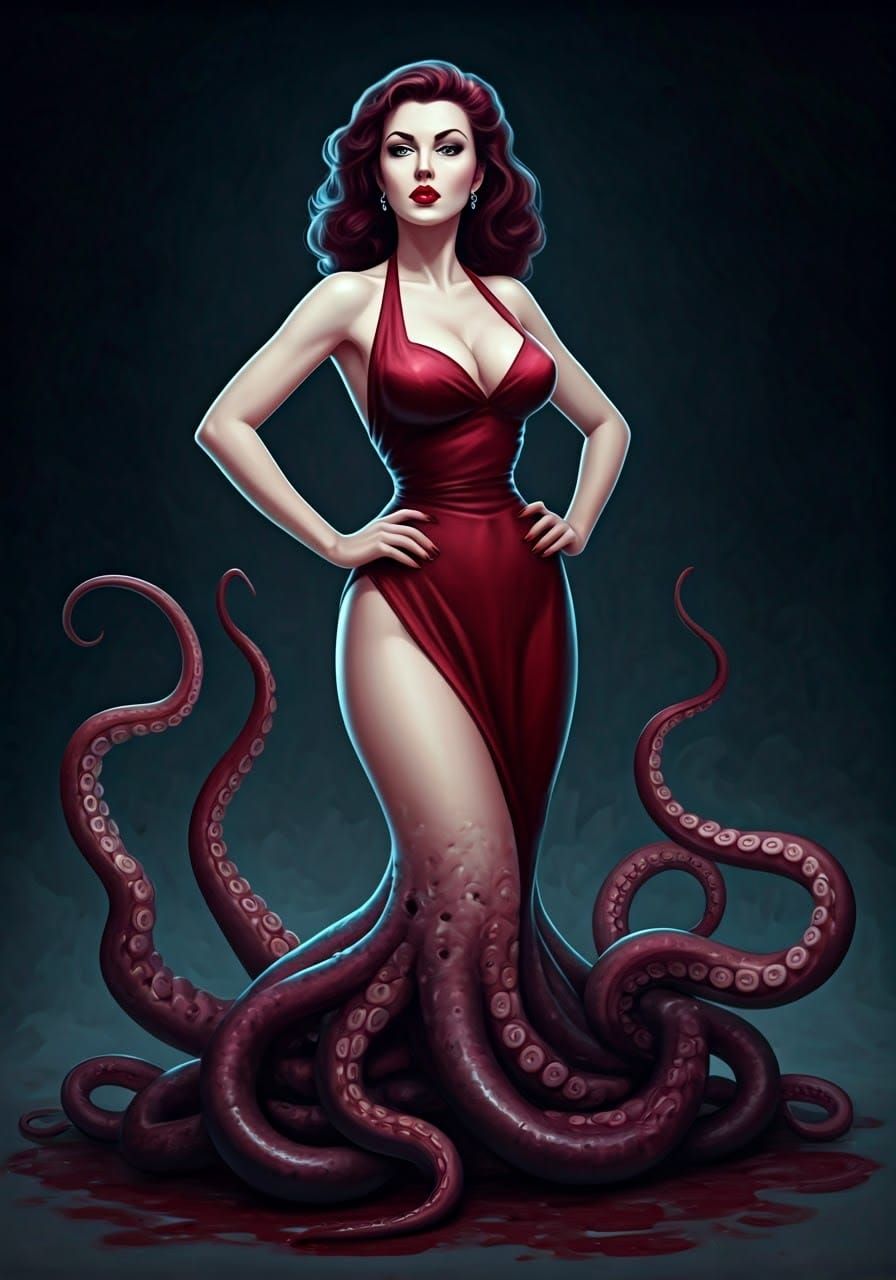 Sinister Tentacled Femme Fatale Painting