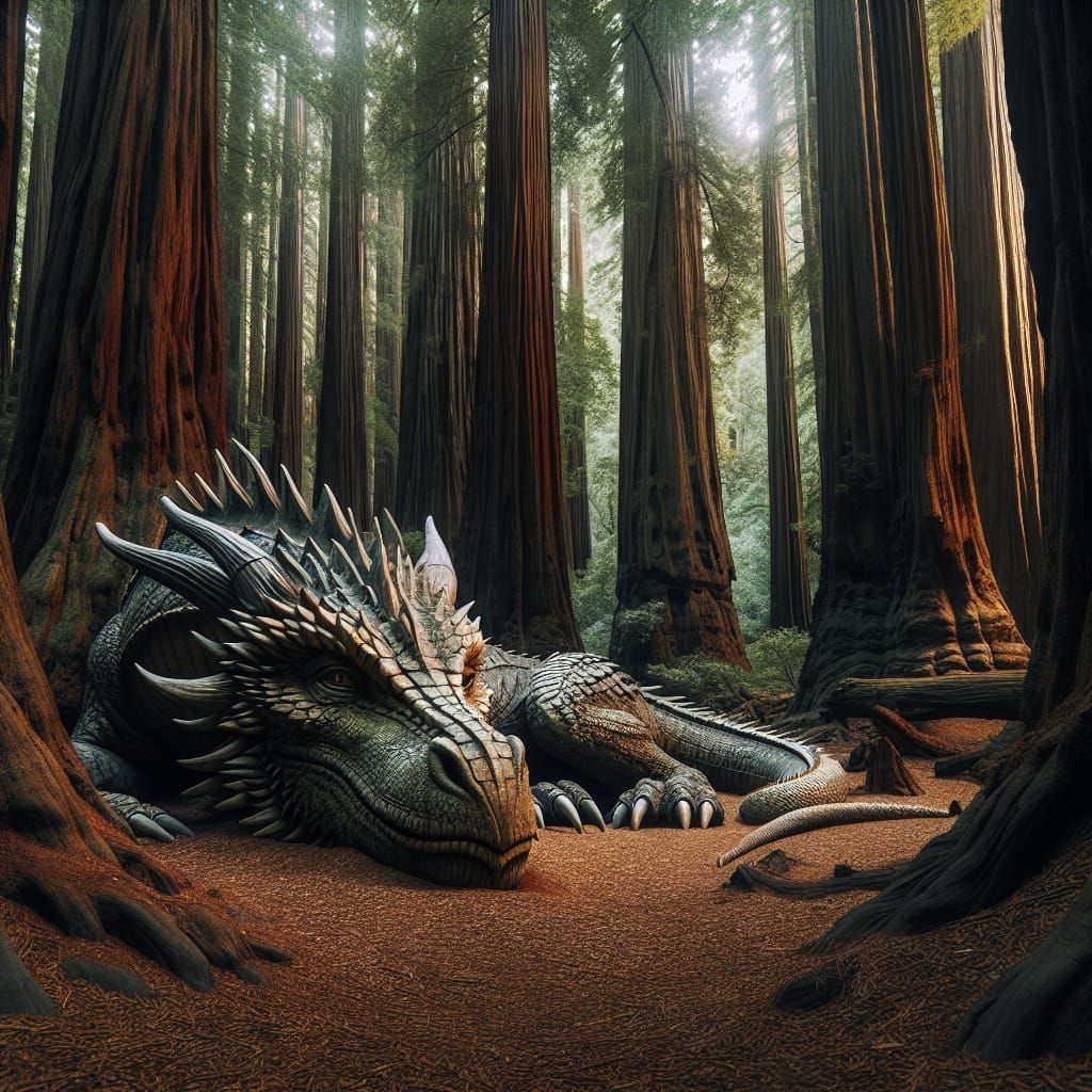 Majestic Dragon Slumbers in Redwood Forest