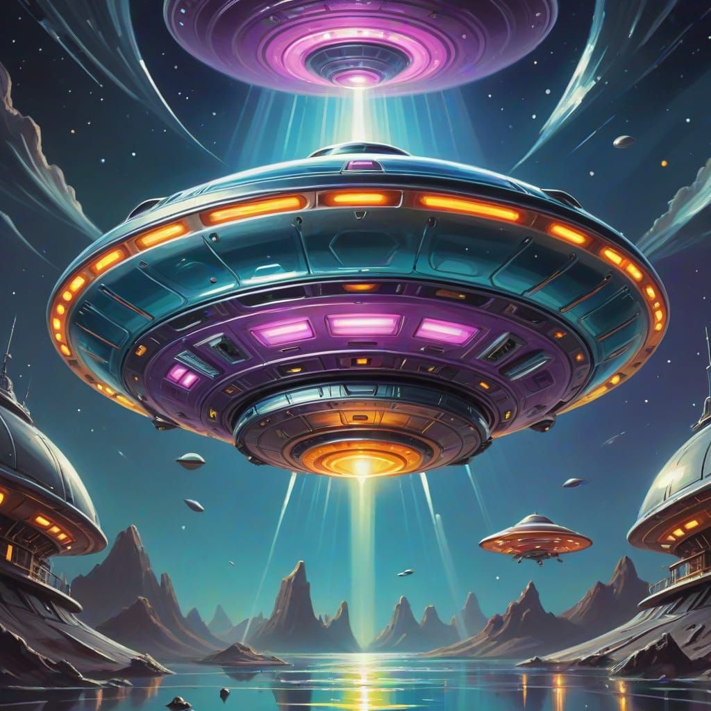 Surreal Flying Saucer in Shiny Metal, Gouache Painting