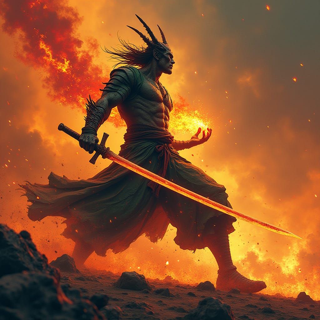 Fiery Swordsman in Apocalyptic Dragonscape
