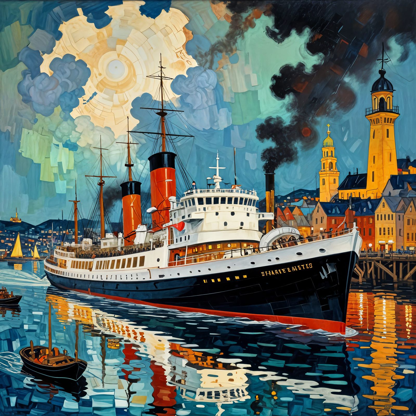 Vibrant Steamboat and Battleship in Harbour, Expressionist S...