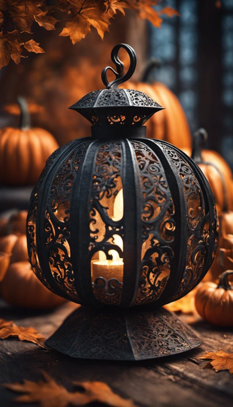 Detailed Wrought Iron Pumpkin Lantern, Digital Matte Paintin...