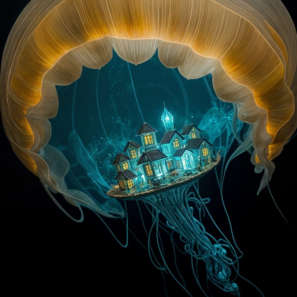 Miniature Jellyfish Village in Bioluminescent Deep Sea