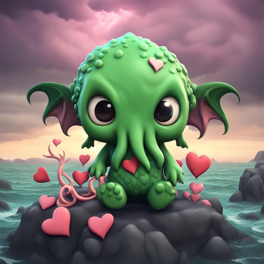 Adorable Chibi Cthulhu on Stormy Island