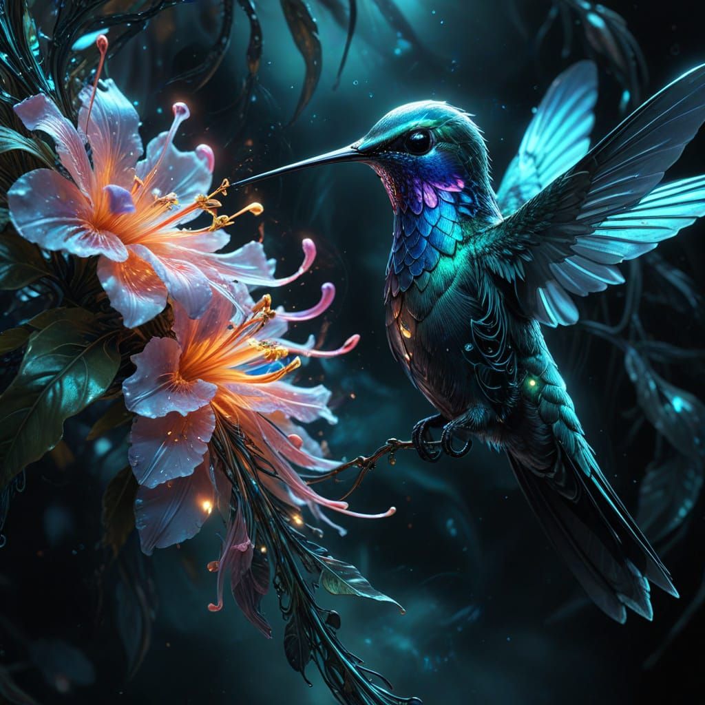 Bioluminescent Hummingbird in Biomechanical Surrealism Style
