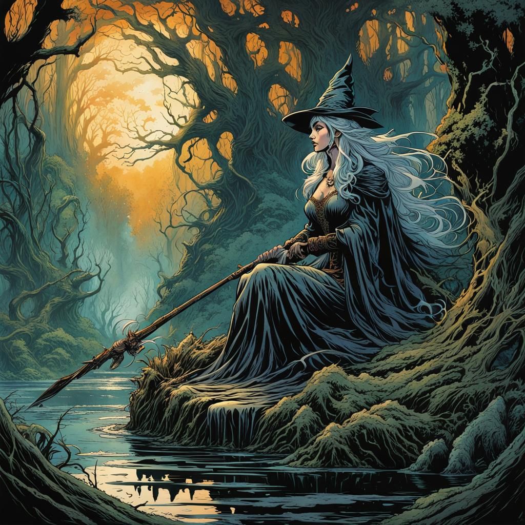 Swamp Witch in Watercolor Comic Book Style