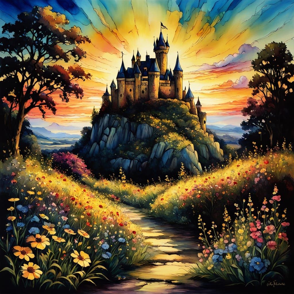 Colorful Cartoon Castle at Golden Hour