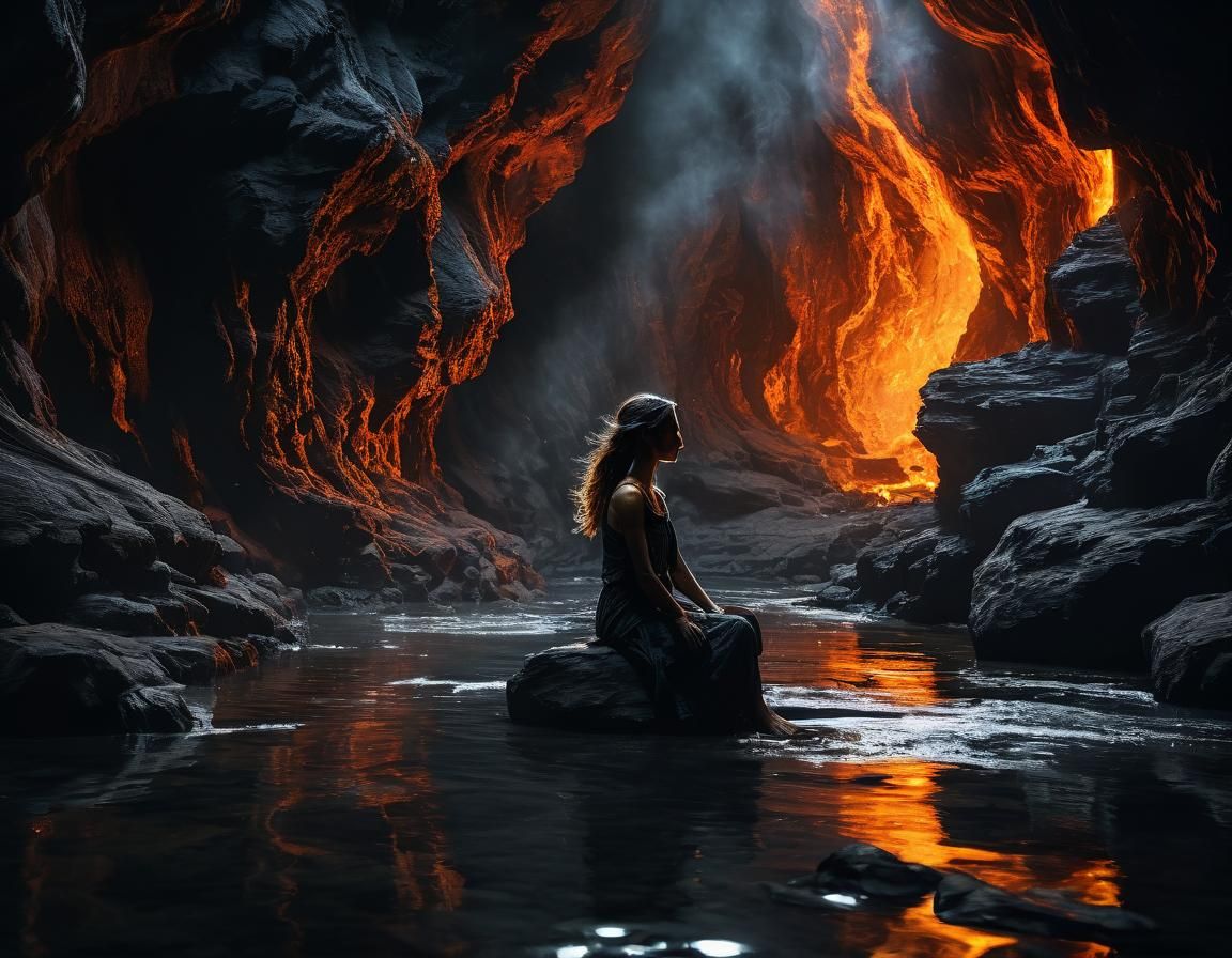 Fiery River in Jagged Caverns: A Dramatic Scene