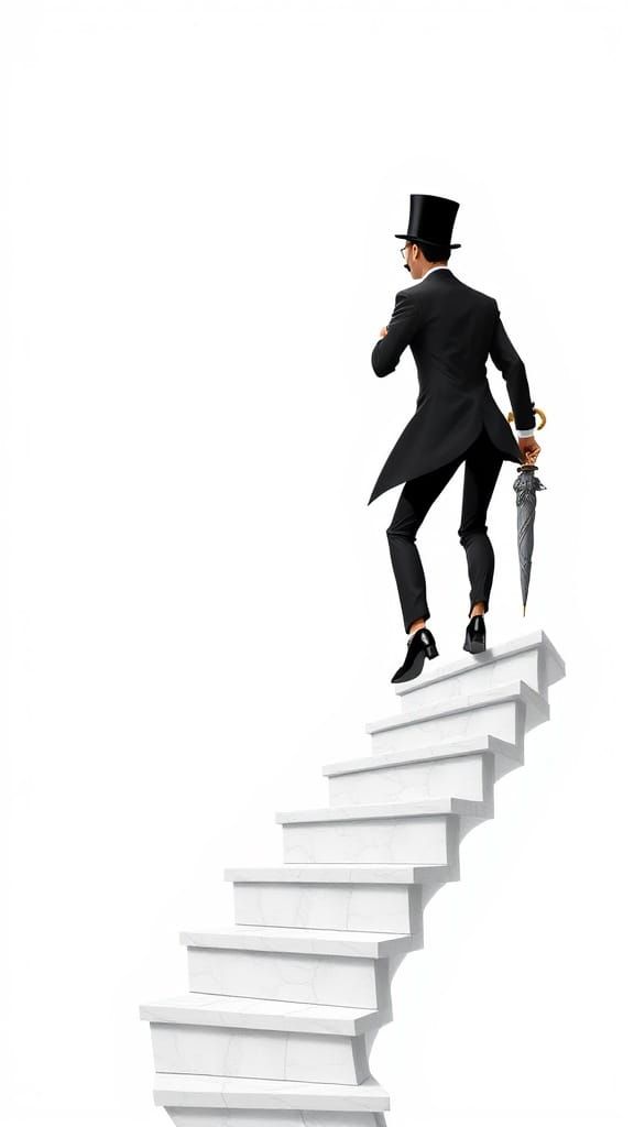 Dapper Gentleman Ascends Ethereal Staircase