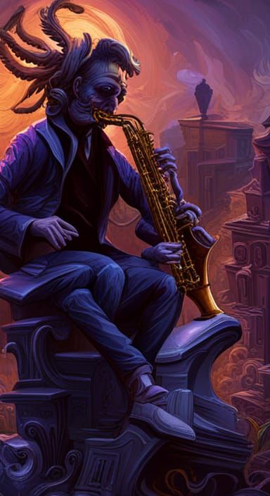 Saxophone Demon on Tombstone in Hyperrealistic Style