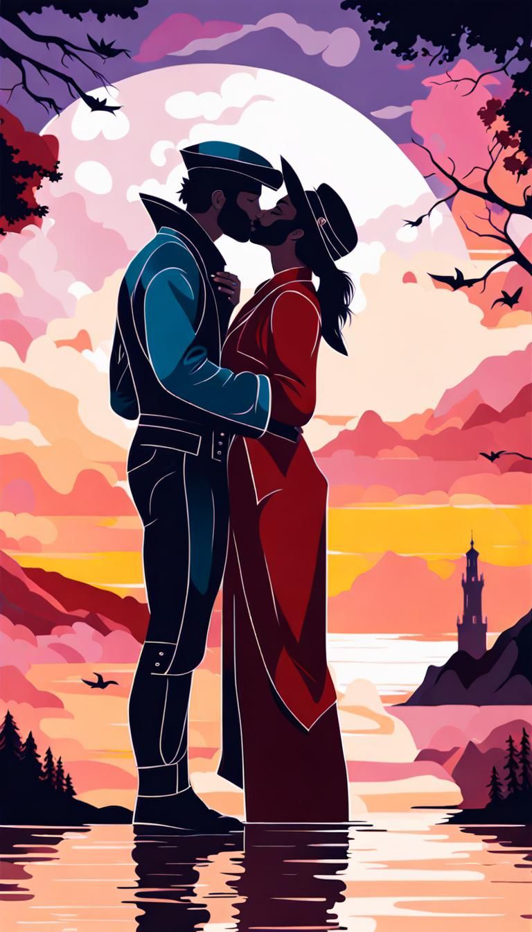 Romantic Kiss of Two Non-Binary People: Artistic Painting