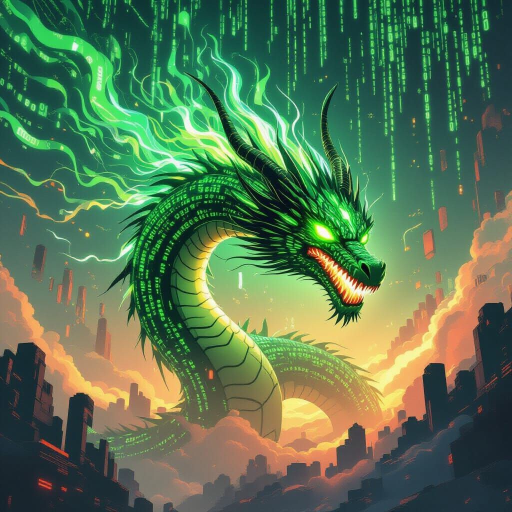 Colossal Binary Code Dragon Soars Through Digital Void