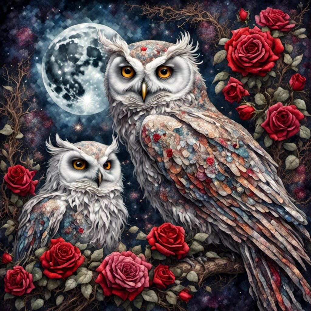 Moonlit Owls and Roses in Dreamy Fantasy Art